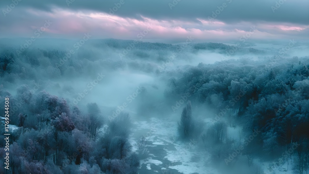 Obraz premium Wintery foggy forest with a partially frozen river winding through snow-covered trees under a pale pink-blue sky. Concept Winter Forest, Foggy Landscape, Partially Frozen River, Snow-Covered Trees