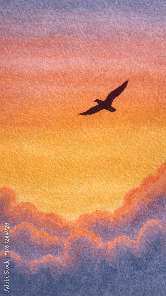 Naklejka premium Breathtaking Sunset with a Bird in Silhouette, Capturing the Essence of Nature's Beauty and Tranquility in a Harmonious Landscape
