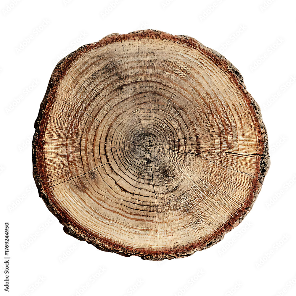 Fototapeta premium Cross section of tree trunk with annual rings isolated on transparent background
