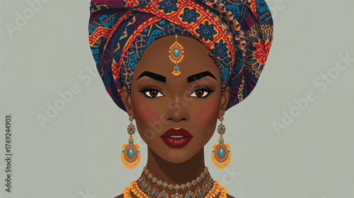 African woman wearing colorful headwrap and jewelry, minimal flat style portrait ,  Ai Generate 