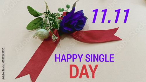 Festive Single's Day celebration with elegant floral arrangement and celebratory text