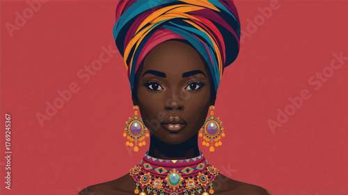 African woman wearing colorful headwrap and jewelry, minimal flat style portrait. Ai Generate 