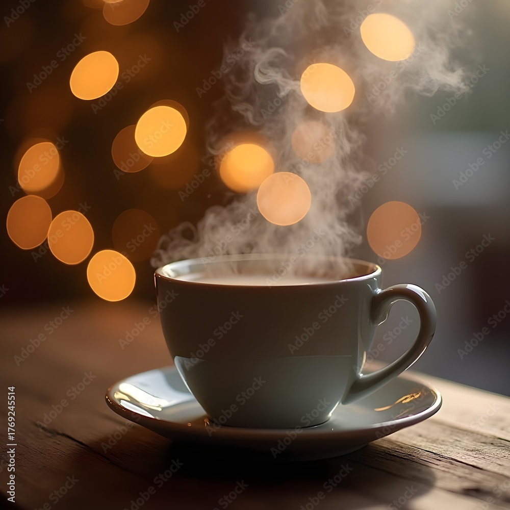 Fototapeta premium Warm winter coffee with bokeh lights creating a cozy holiday seasonal atmosphere.