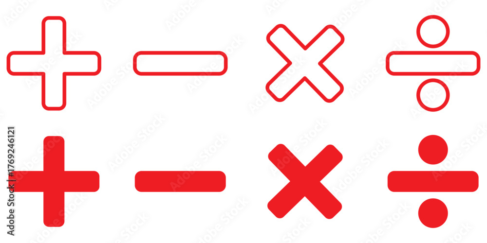 Fototapeta premium Basic mathematical symbol. Plus minus, Multiply icon, division symbol, Calculator, math icon set arithmetic plus, minus, multiplication and divide sign symbol set for application and website.