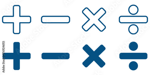 Basic mathematical symbol. Plus minus, Multiply icon, division symbol, Calculator, math icon set arithmetic plus, minus, multiplication and divide sign symbol set for application and website.