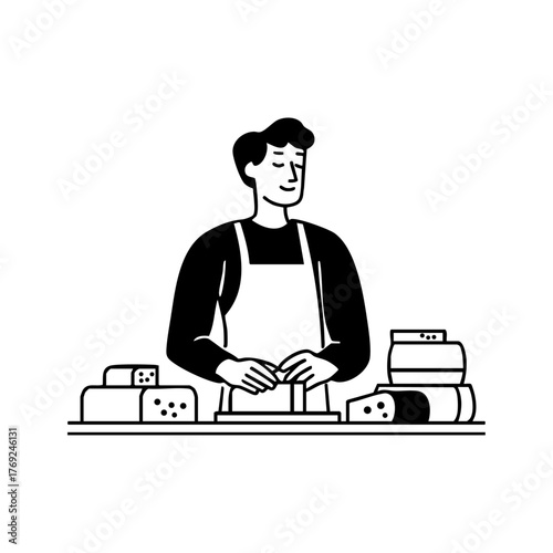 Cheerful deli worker preparing and slicing cheese behind the counter, representing craftsmanship, service, and local food tradition.
