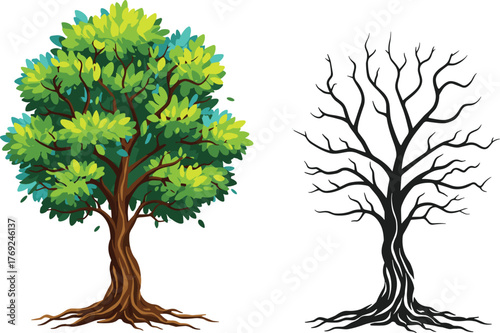 Green tree and dry tree comparison, nature and life contrast concept, environmental change illustration, climate effect and growth design