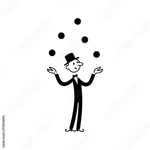 Cheerful juggler balancing multiple balls in the air, symbolizing entertainment, skill, and balance in performance art.
