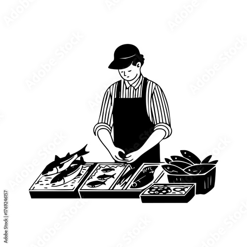 Fishmonger arranging fresh seafood on ice, representing freshness, craftsmanship, and traditional market work.
