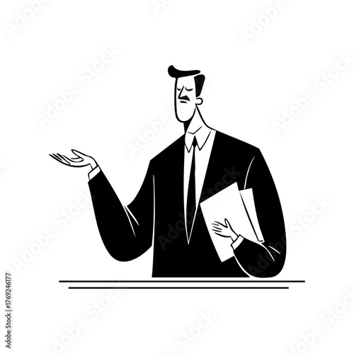 Confident lawyer speaking and gesturing while holding documents, representing authority, justice, and professional argumentation.
