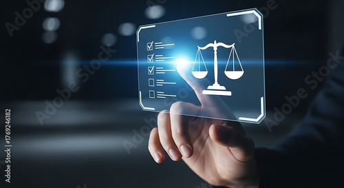 Man presses a digital button showing scales of justice and checklist, representing legal compliance, regulation and justice concept.