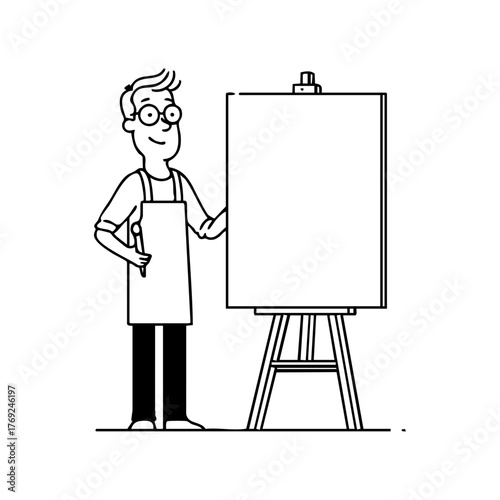 Smiling painter standing next to blank canvas on easel, representing creativity, inspiration, and artistic potential.
