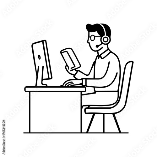 Man with headset multitasking at desk with computer and tablet, representing remote work, online communication, and digital support.