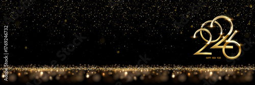2026 Happy New Year greeting card vector background. 2026 golden numbers with falling confetti and glow light effects on black. Luxury festive sparkle holiday postcard, invitation, banner.