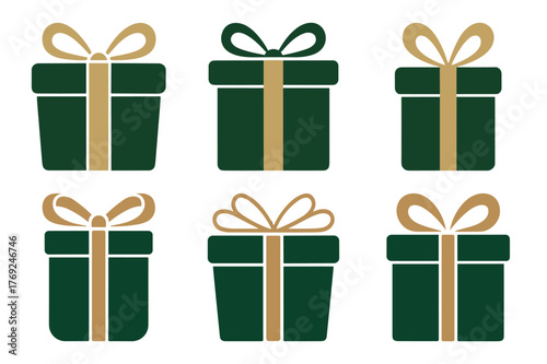 Set of six green gift boxes with ribbon