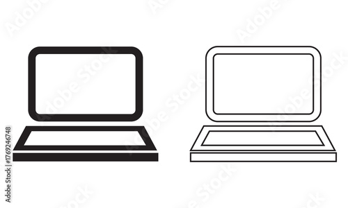 Apple MacBook Pro modern laptop icon. Minimalist vector illustration showing two laptop icons in black and white, representing digital technology, computers, and online work concepts.
