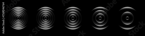 Sound wave rings. Glowing neon white wifi, wireless network, signal circles with futuristic motion ripple effect isolated on black background. Tech abstract vector illustration.