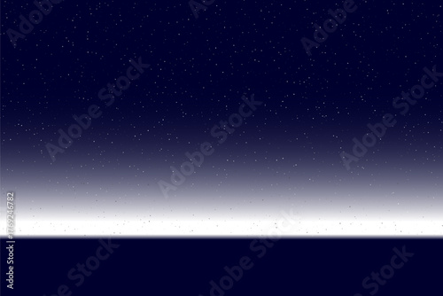 Night sky with distant stars over white horizon. Gradient background fading from deep navy blue to pale white, creating cold and tranquil ambiance. Minimalist dreamy vector illustration.