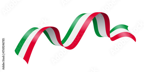 Italy ribbon wave in green, white, and red colors. Wavy tricolor banner symbolizing national flag with smooth curves and folds. Elegant patriotic decoration for events. Realistic vector illustration.