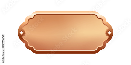 Blank bronze nameplate plaque with decorative edges and screw holes. Metallic label for engraving, signage, awards, door signs. Realistic vector illustration.
