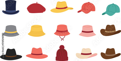 Colorful hat collection illustration showing various stylish caps, fedoras, cowboy hats, bucket hats, and beanies for fashion design
