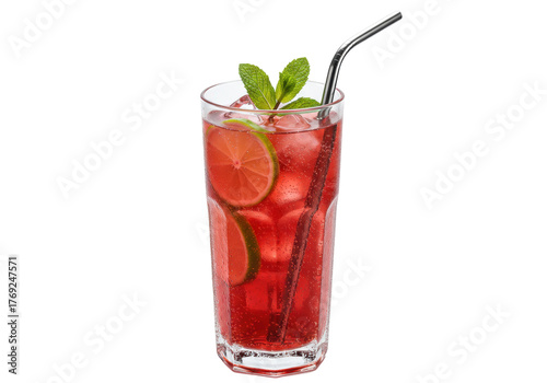 Isolated red cocktail with lime and mint garnish, metal straw adds a sustainable touch
