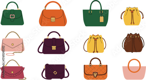 Trendy handbags collection, stylish leather purses and tote bags illustration, colorful women’s fashion accessories, elegant designer bag set for modern style