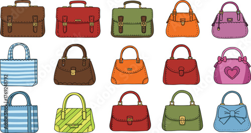 Colorful stylish handbags collection, modern leather purses design, trendy fashion accessories illustration for women, elegant designer bag set isolated on white
