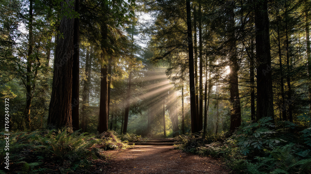 Naklejka premium Beautiful forest background for screensaver. with sunbeams. Calm close-up of fairytale forest and nature landscape, panorama. Summer vacation, holiday, amazing nature.