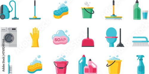 House cleaning tools and equipment collection, detergent, mop, sponge, vacuum cleaner, bucket, soap, gloves, and washing machine illustration