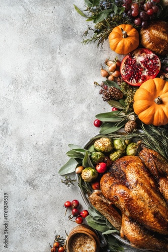 Thanksgiving dinner featuring roasted turkey and autumn harvest, vertical