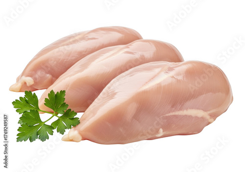 Three raw chicken breasts with parsley isolated on transparent background