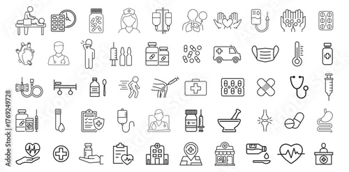 Medical Hospital Icon Set, health care editable stroke outline icons set isolated 
on white background, flat vector illustration, Healthcare, Doctor, Clinic, 
and Pharmacy Line Symbols Collection