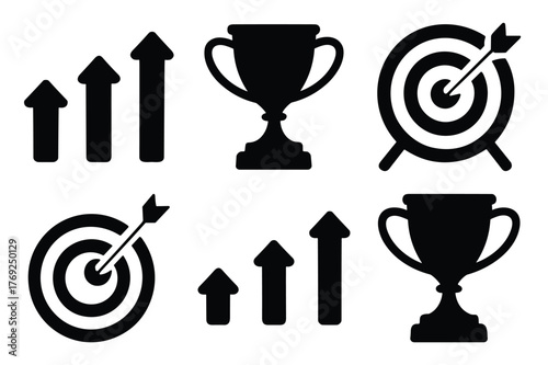 Success icons trophy, target, and growth arrows