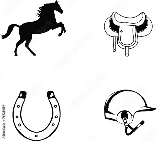A collection of equestrian themed illustrations including a horse saddle helmet and horseshoe design set