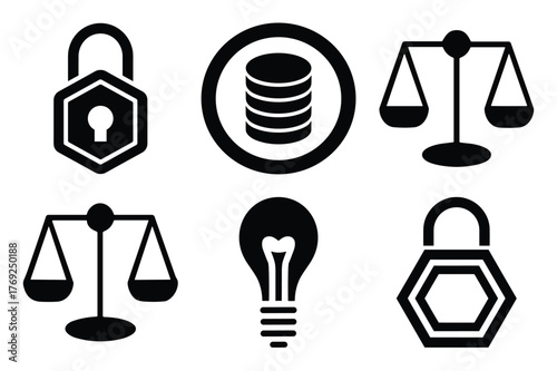 Set of icons representing law, security, and ideas