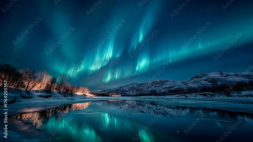 Naklejka premium Aurora borealis lights the night sky above a snow-covered landscape, reflected in a calm lake with bare trees along the shore. Concept Aurora Borealis, Snowy landscape, Reflections in a calm lake