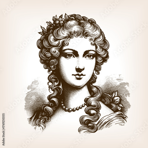 regal woman with curly hair, floral adornments, and pearls, evoking classical beauty and nobility sketch engraving generative ai fictional character vector illustration. Scratch board. Black and white