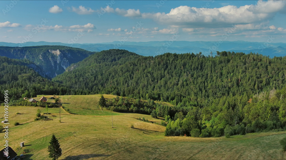 Obraz premium Mountains, hills and meadow, village in Tara park