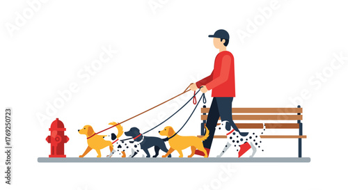 Professional Dog Walker Leading a Pack of Happy Dogs on a City Street