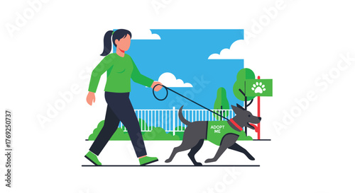 A person walks a dog on a leash in a park on a sunny day