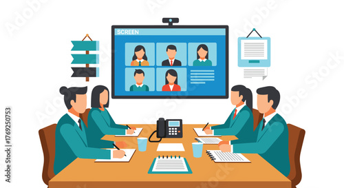 Business Meeting Connected Through Remote Video Conference Technology