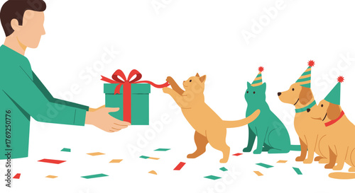 Man Gives Birthday Gift to Excited Cat and Dogs Wearing Party Hats