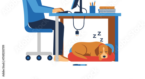 Relaxed Office Environment with Sleeping Dog Under Desk