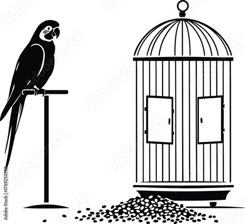 A monochrome illustration of a parrot perched near a birdcage with scattered seeds around it