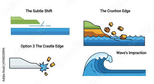 Geological and Coastal Processes: Diagram Set Illustrating Erosion, Shifts, Structural Impact, and Ocean Wave Dynamics Concepts