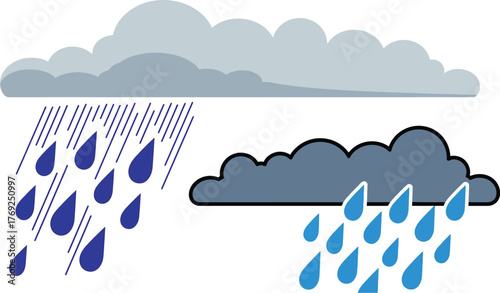 Stylized Rain Clouds with Falling Blue Drops Vector Illustration - Weather Forecast and Climate Element