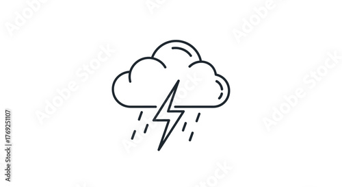 Minimalist Line Icon of Stormy Weather with Cloud, Rain, and Lightning Bolt for Forecasts and Apps