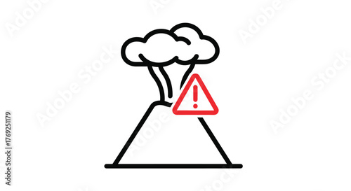 Erupting Volcano Warning Icon with Red Danger Triangle. Natural Disaster Alert Symbol in Outline Style