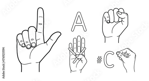 American Sign Language Alphabet: Illustrative Hand Gestures for Letters L, A, X, C on White Background